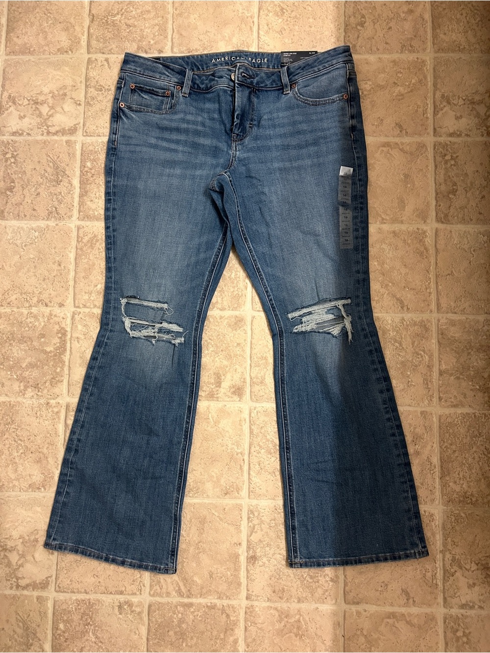 American Eagle Outfitters Women's Mid Blue Bootcut Jeans with Knee Rips